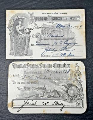 1939 SIGNED US CONGRESS DAY PASSES:  REPRESENTATIVE WEAVER & SENATOR BAILEY M286