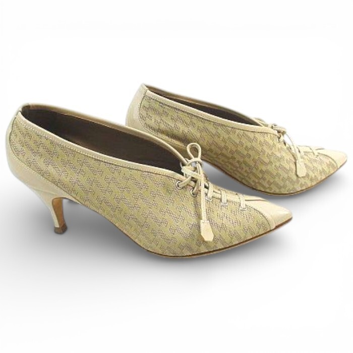 HERMES Luxury Brand Lace-Up Pumps H Pattern 2.8in Canvas Leather Beige Pre-owned thumbnail 4