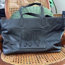 DKNY Tilly Black Stacked Logo Top Zip Faux Leather Shoulder Tote Bag