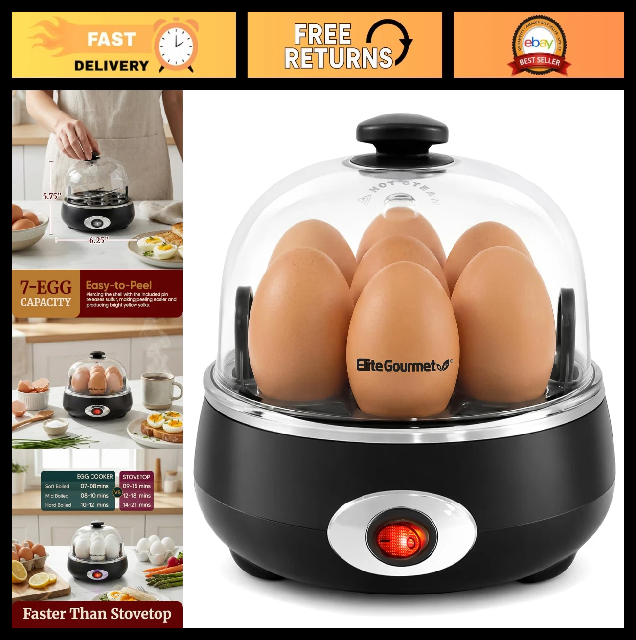 Rapid Egg Cooker - 7 Egg Capacity, Easy Peel Hard/Soft Boiled, Poacher & Omelet