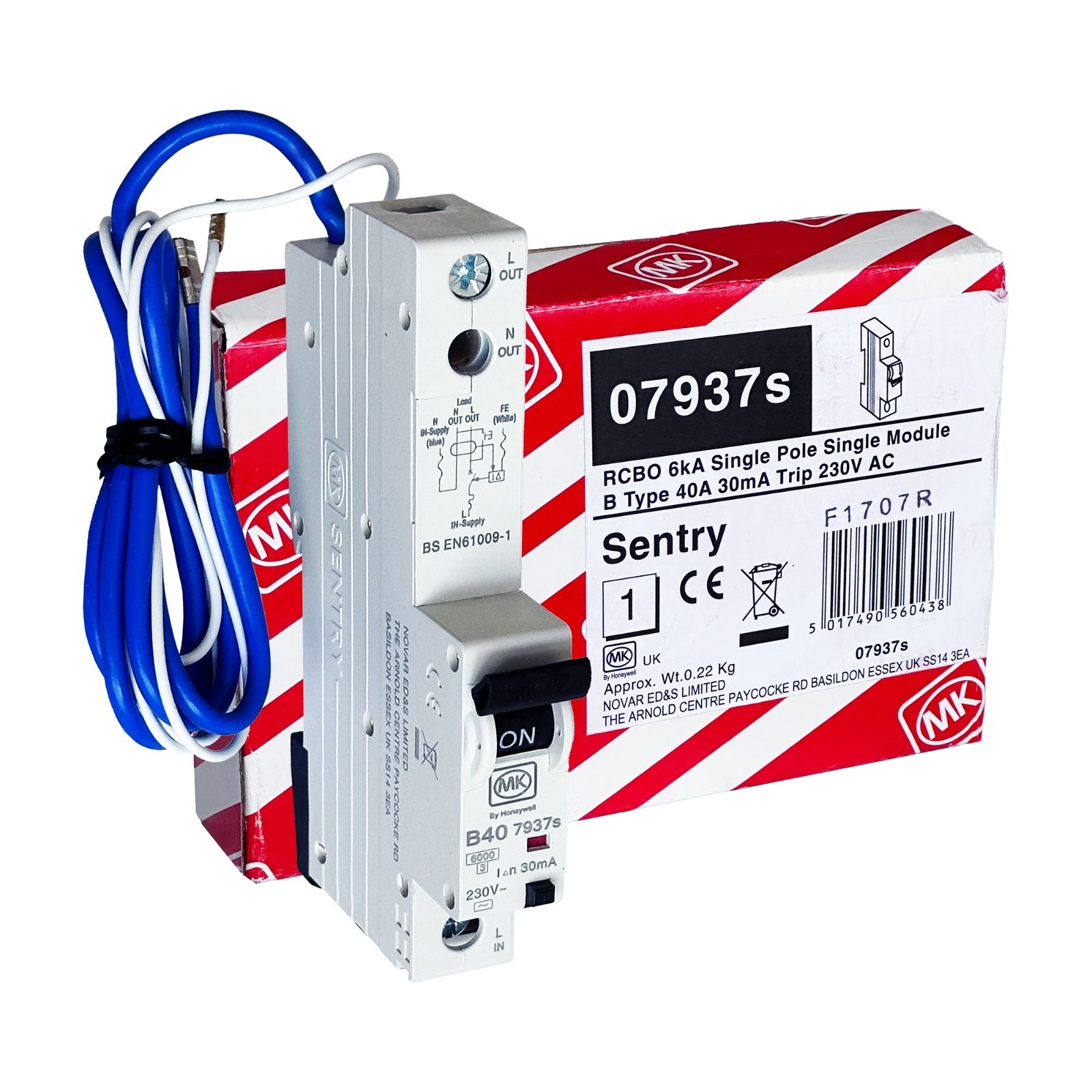 MK Sentry 40A RCBO Type AC 30mA B Curve 6kA Single Pole 230V 07937s