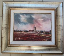 Tableau huile sur Toile signée encadrée Paysage Eglise