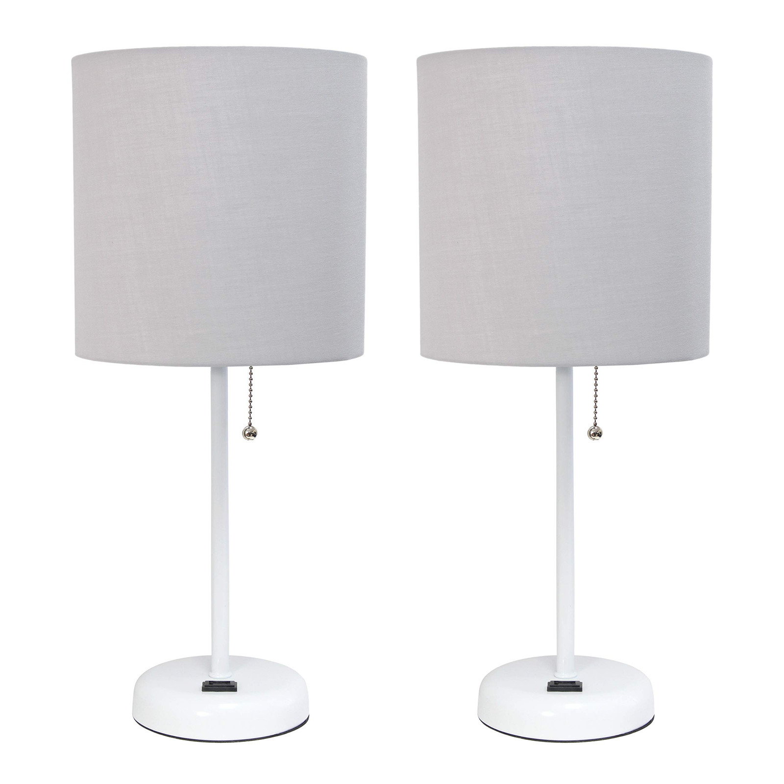 LC2001-GOW-2PK White Stick Table Lamp Set with Charging Outlet & Gray Fabric Shade