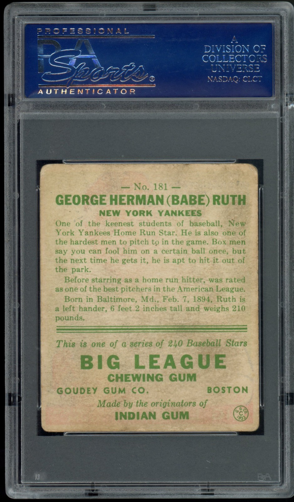 1933 Goudey #181 Babe Ruth Yankees HOF PSA 2 - GOOD view 2