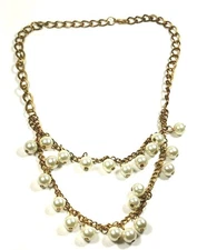vintage gold tone double strand faux pearl dangle bib statement necklace jewelry
