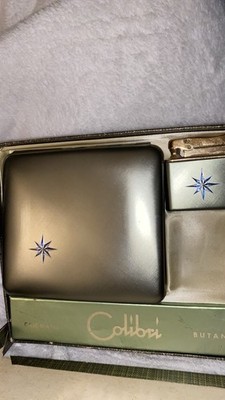 Vintage Colibri Gold Tone Cigarette Case & Lighter Blue Star in Original Box