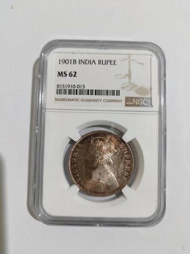 British India Rupee 1901B  SILVER NGC MS62 Beautiful Toning