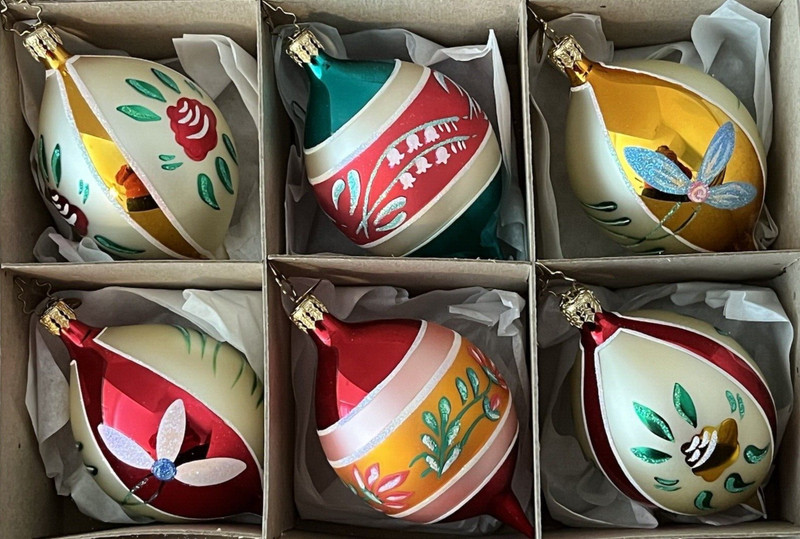RADKO FANTASIA SET 6 BLOSSOM VALLEY HANDPAINTED TEARDROP  ORNAMENTS 2001 NEW BOX