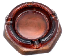 Vtg MCM Amber Glass 6” Ashtray Wood Base Cigar Cigarette Ashtray Free Shipping!