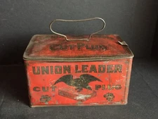 Antique Vintage Union Leader Cut Plug Tobacco Lunchbox Advertising Tin