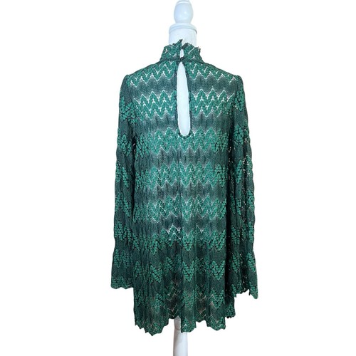 Free People High Neck Long Sleeve Sheer Lace Mini Dress Simone Green Size Small - Picture 4 of 8