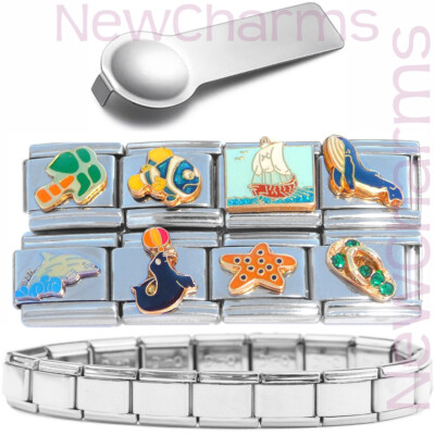 Set of 8 Ocean Beach Fish Palm Italian Charms Plus Starter Bracelet & Charm Tool