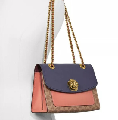 New coach signature colorblock pocket parker shoulder bag tan