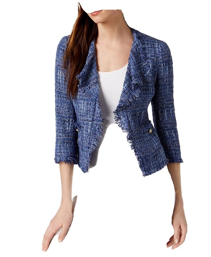 Anne Klein Fringe Trim Blue Tweed Jacket Size 6 eBay