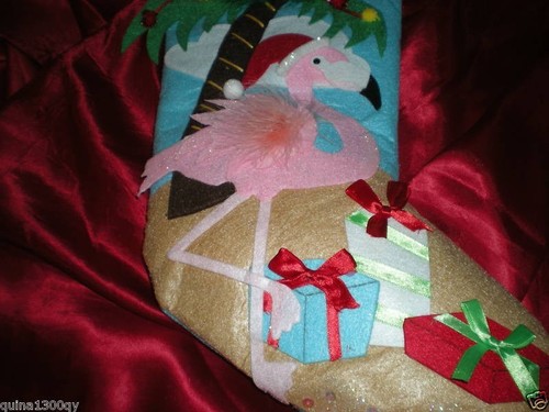 TROPICAL CHRISTMAS PINK FLAMINGO FEATHERS PALM TREE PACKAGES and BOWS STOCKING - Picture 8 of 9