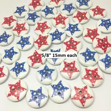 Pkg of 20 Red & Blue STAR 2-hole White Wood Buttons 5/8" (15mm) Craft (1068)