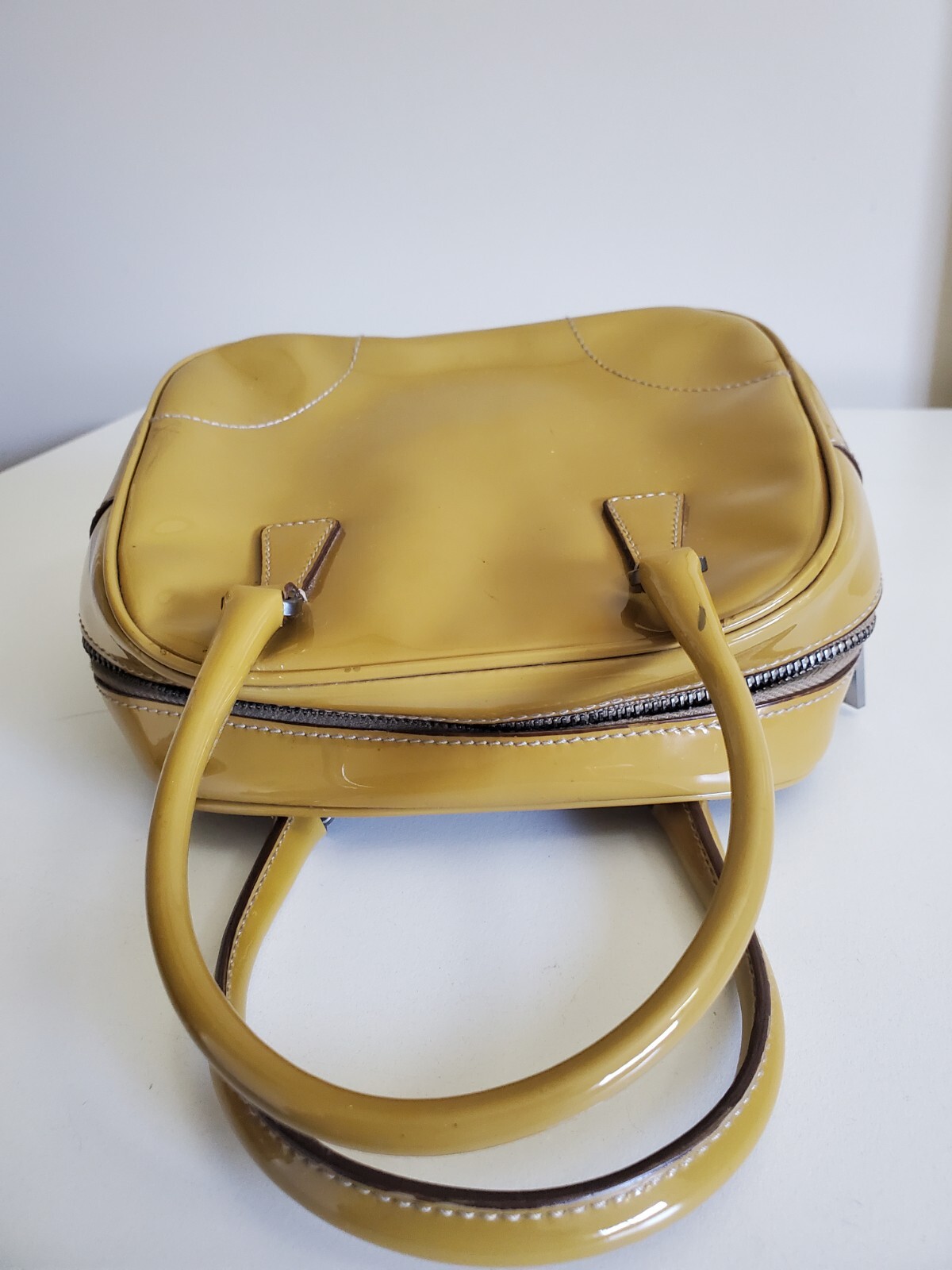 PRADA Patent Leather Bauletto 24 Mini Bag Mustard Yellow Brown Small Handbag  thumbnail 12