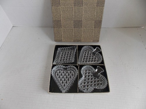 4 pc Card Suit Czechoslovakian Crystal Glass Trinket Dishes in box 7" square - Picture 3 of 6