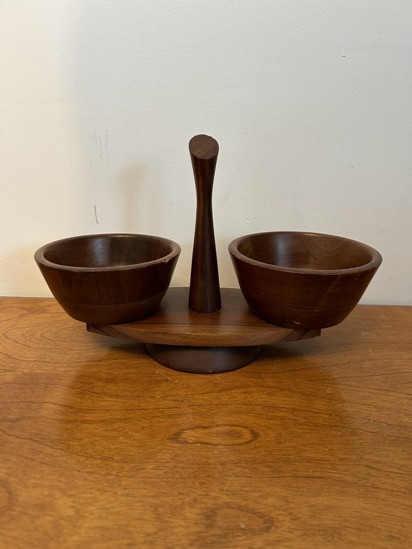 Vintage MCM Walnut Wood Spinning Condiment Dish Nut Bowl