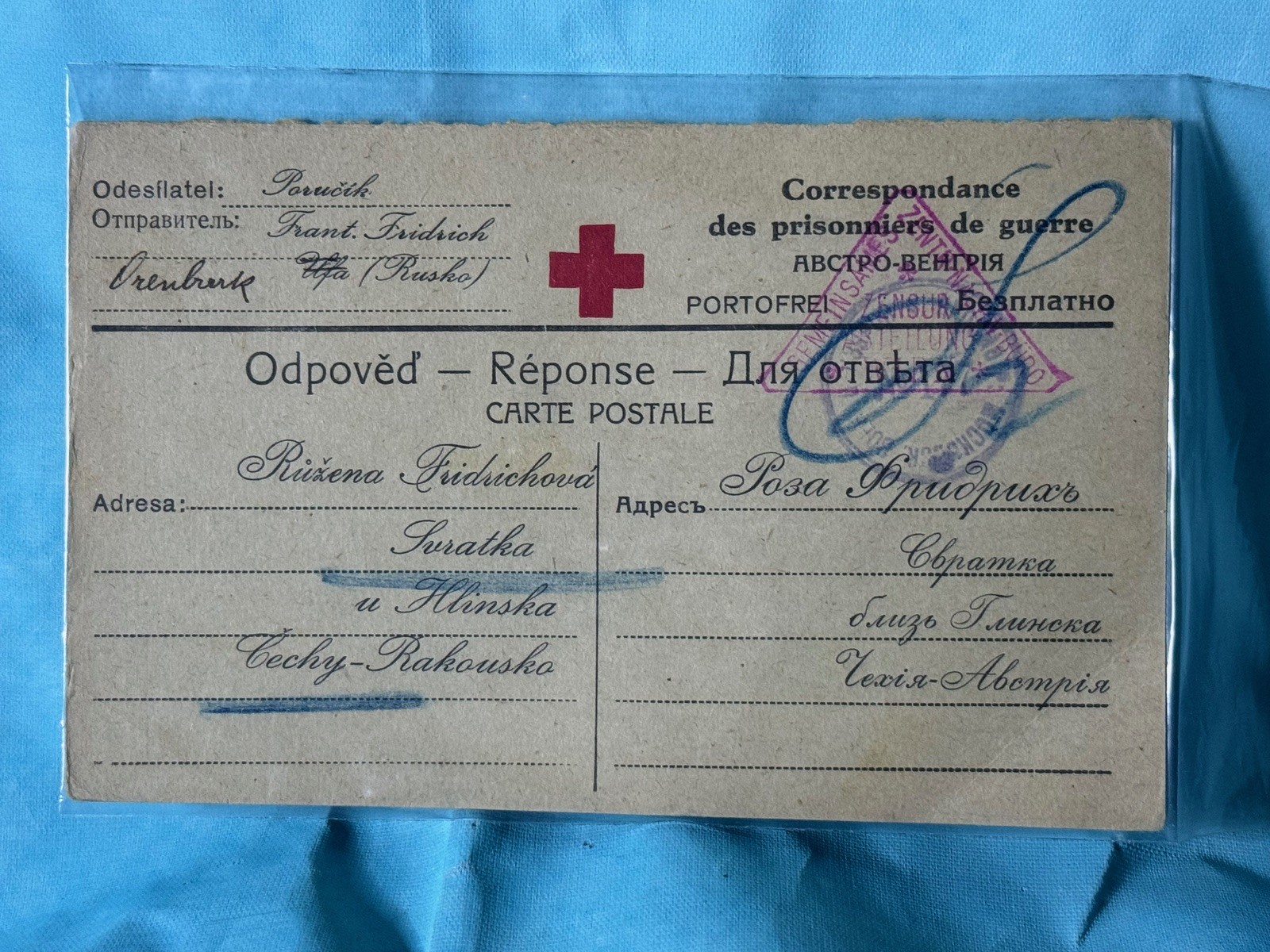 WW1 Hand Written Prisoner of War Correspondence via Red Cross, Czech Soldier