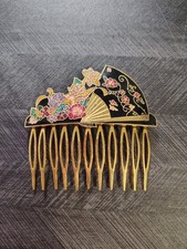Vintage CLOISONN Enamel Gold Tone Floral Fan Hair Comb