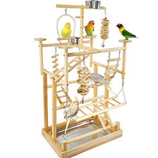 Bird Playground - Natural Wood Parrot Playstand with Perches, Bird Play Gym ...