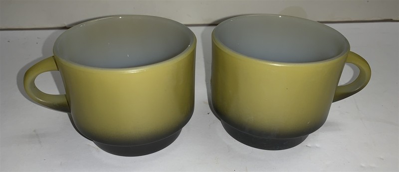 Lot of 2 Fire King VTG Coffee Mugs Avocado Green Stackable Anchor Hocking 