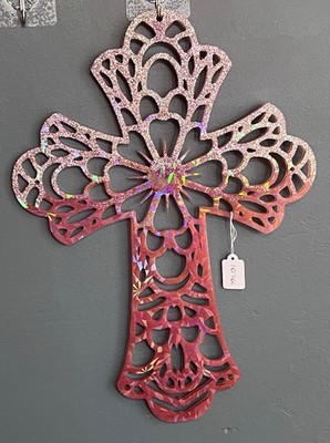 Handmade Christian Cross Resin Pink Glitter Wall Hanging Decor