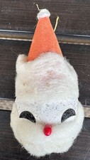 Vintage Cardboard Santa Head Ornament Flocked Cotton Japan FUC