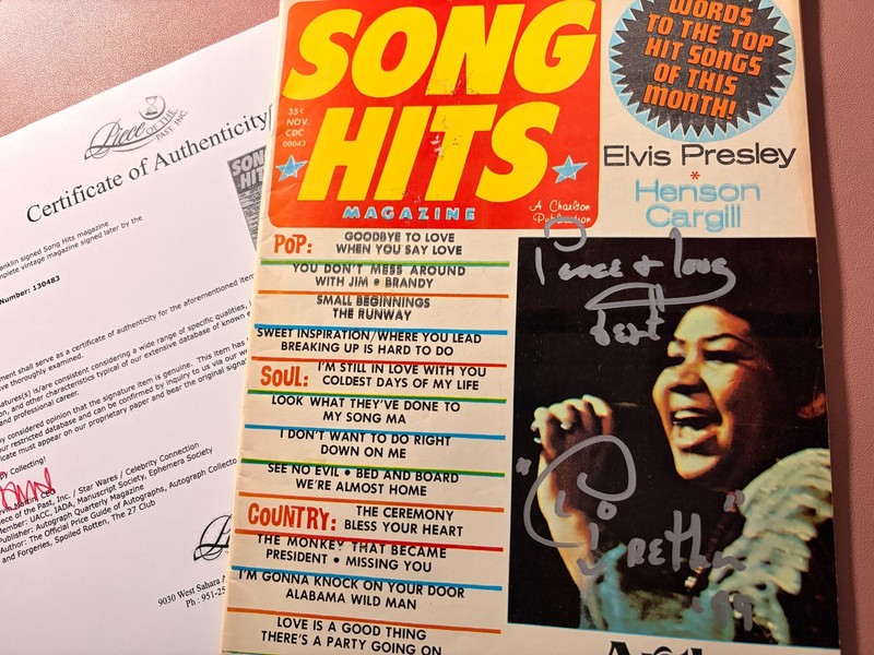 Aretha Franklin Signed•'72 Song Hits Magazine•SOUL QUEEN•Piece of the Past COA