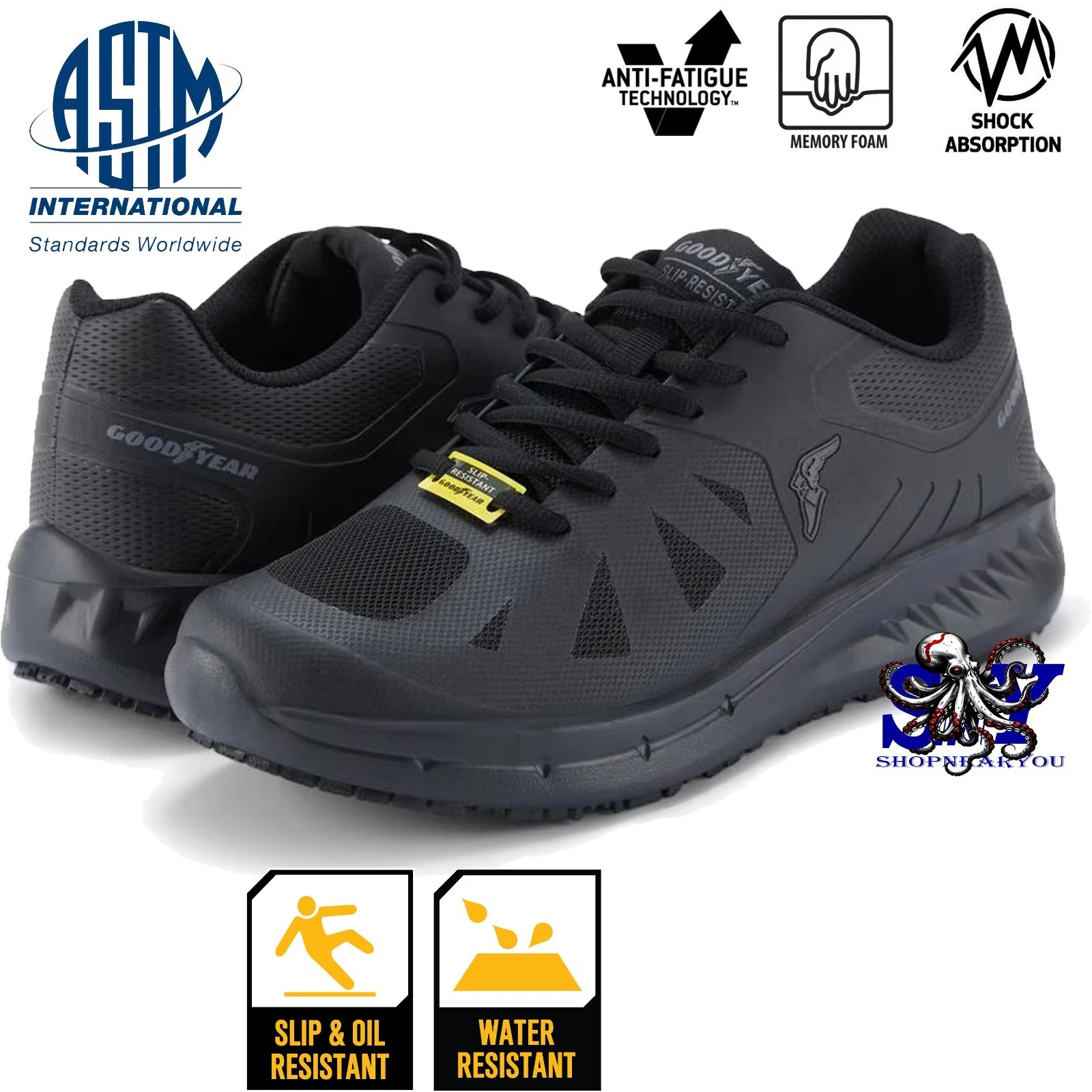 Goodyear Dallas Mens Work Shoes Slip & Water Resistant Safety Sneakers NEW Black