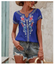 Women's V-neck Blue Spring Summer Casual Short Sleeves Floral Tops Sz. S- M