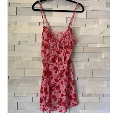 VINTAGE Y2K 90's Mesh Sheer Babydoll Ruffle Neckline Chemise Dress Pink Floral S