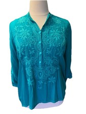 Johnny Was Teal XL Shirt Henley Blouse Long Tunic L Embroidered Bishop Sleeve