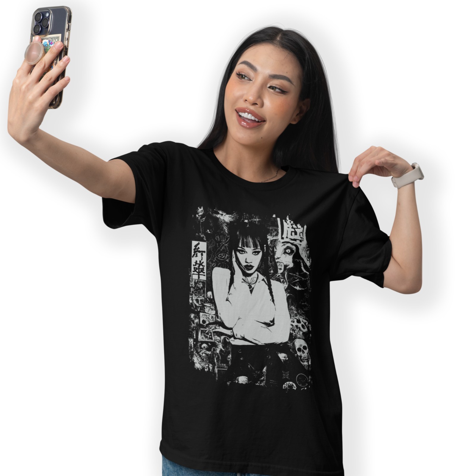 Gothic Japanese Girl Hand Printed T-Shirt Birthday Gift Size S - 5XL