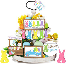12 Pcs Easter Tiered Tray Decor Set Happy Easter Signs Bunny Wooden Sign Rustic