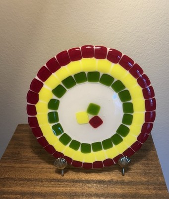 Fused Glass Plate Dish Mosaic  Art Glass Tile Trinket Dish  8  Handmade Vintage