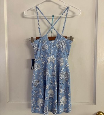 Roller Rabbit Women's Blue White Floral Fit & Flare Mini Dress Square NeckMedium