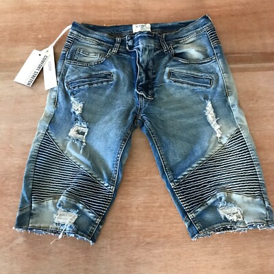 KDNK Skinny Tapered Cut Off Jeans Men 32 Blue Mid Rise Distressed Skater Grunge