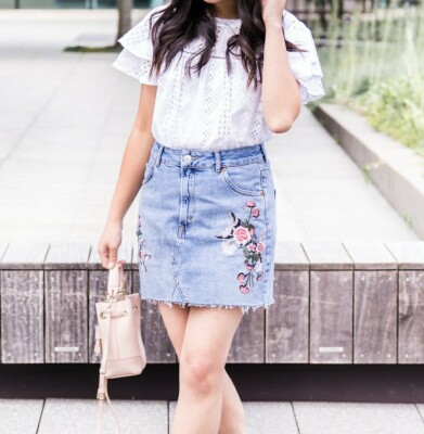 Topshop Moto Women's Flowers Embroidered Denim Distressed Mini