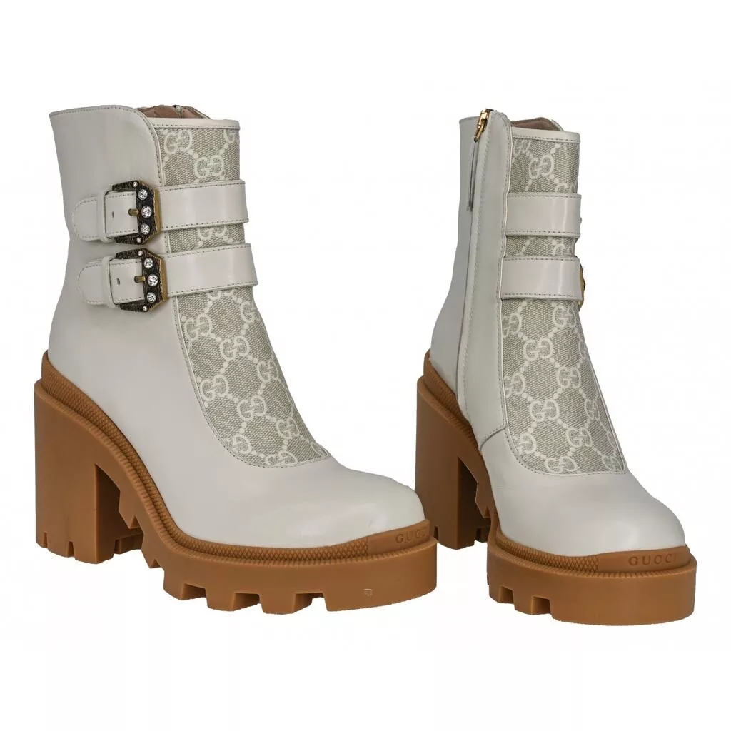 Gucci Women s Double Buckle Lug Sole Ankle Boots Leather w GG Coated Canvas US7