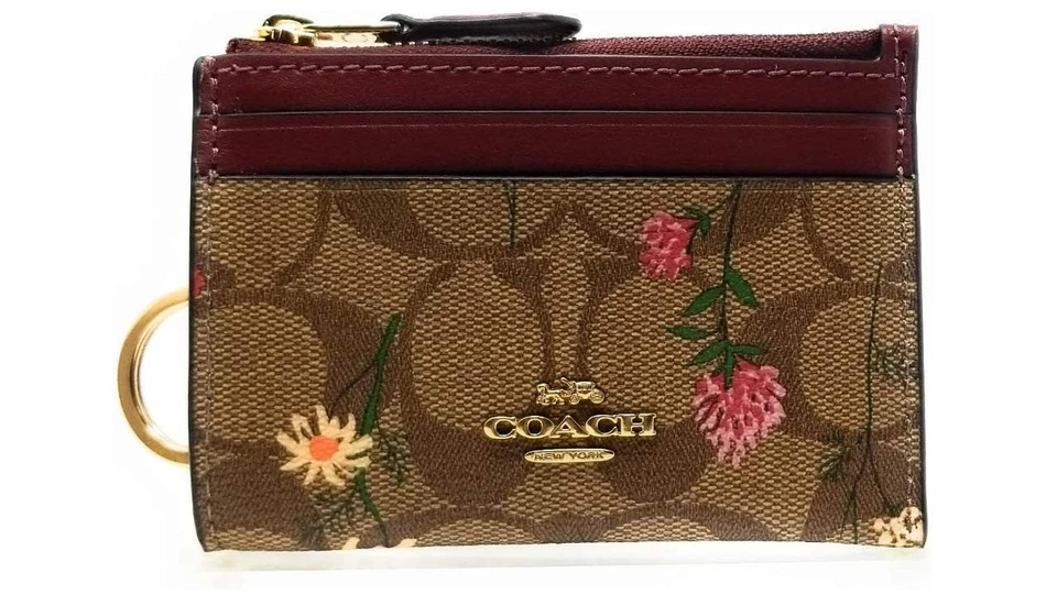 COACH Women's Mini Skinny ID Case (Signature Canvas - Wildflower Print - Khaki)