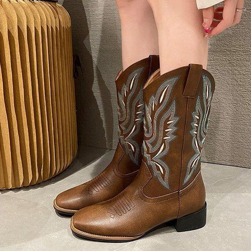 Damen Bestickt Western Mid Calf Cowgirl Stiefel Blockabsatz Stiefeletten Schuhe - Bild 1 von 26