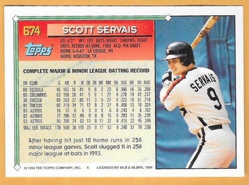 Scott Servais Houston Astros #674 - Topps casi nuevo-como nuevo 1994 - Imagen 2 de 2