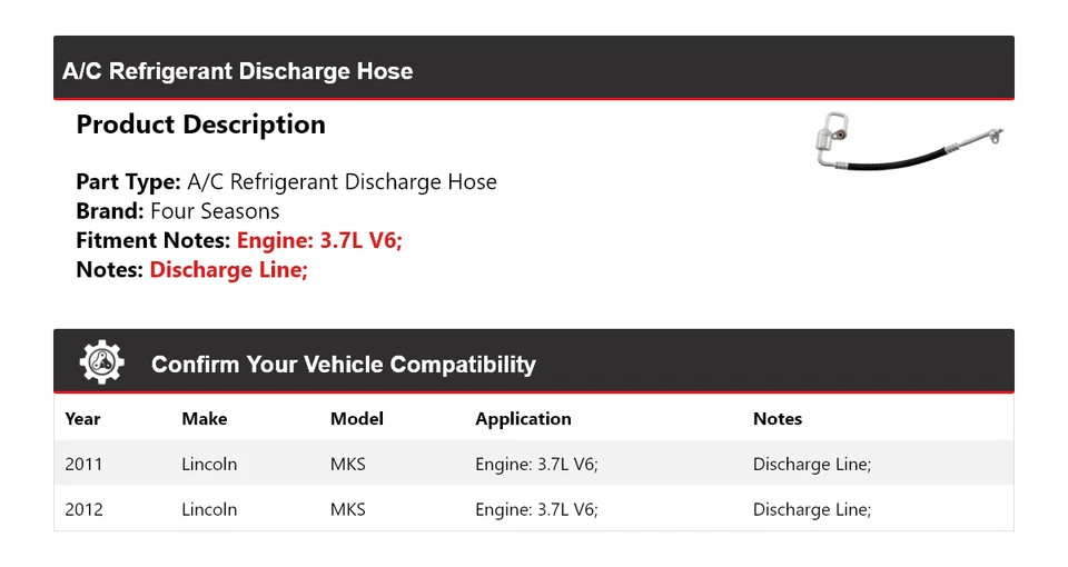 Manguera de descarga de refrigerante aire acondicionado V6 3,7 L Lincoln MKS 2011-2012 4 estaciones Foto 2 de 4