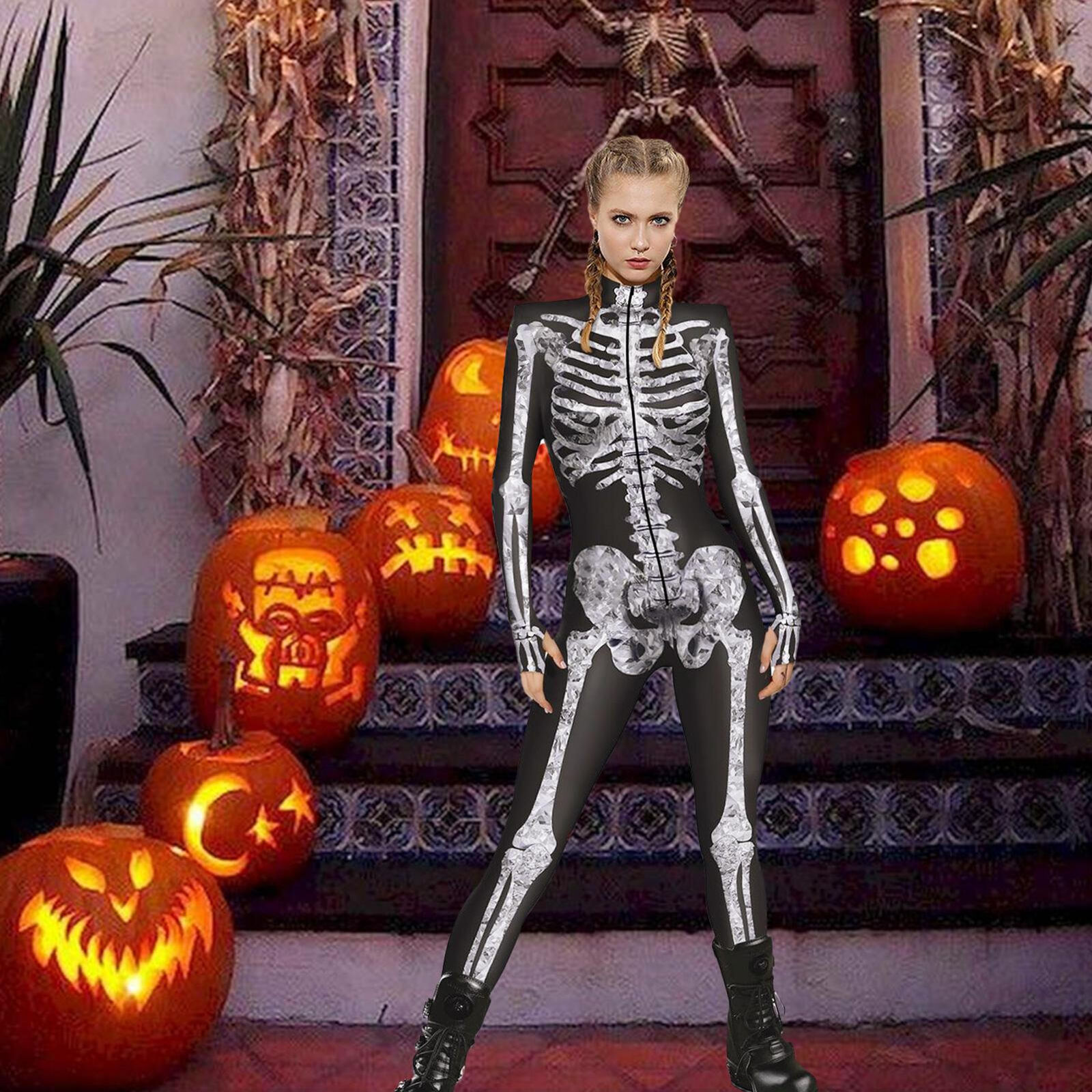 Women Halloween Costume Dress Jumpsuit Skeleton Cosplay Bodysuit Party S-XL