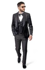 Slim Fit Black Velvet Shawl Label 3Piece Vested Tuxedo Flat Front Pants AZAR MAN