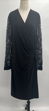 Anne Klein Women's Black Knit Lace Sleeves V Neck Knee Wrap Cocktail Dress ~XL