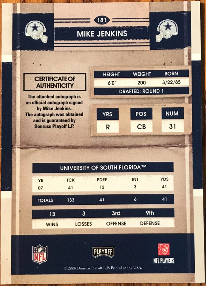 2008 Playoff Contenders Rookie Autograph Mike Jenkins #181 Dallas Cowboys - Image 2 of 2