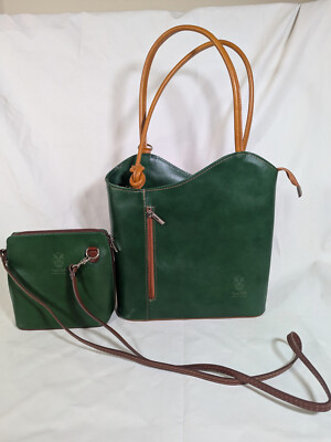 #ad Vera Pelle Green Leather Convertible Shoulder bag Backpack w t matching Purse